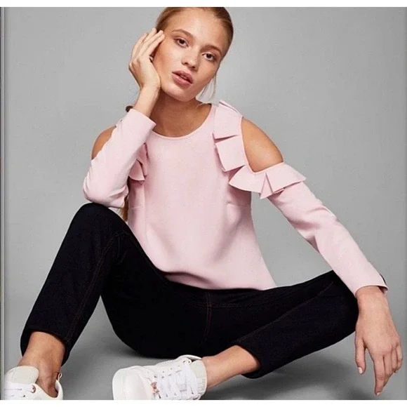 Ted Baker London Steffe Cold Shoulder Ruffle Top Dusty Pink Size 1 Small - Picture 7 of 9
